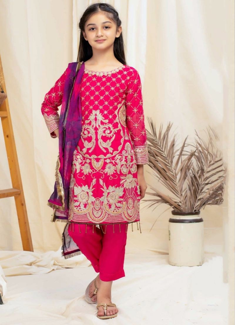 Magenta Zari Embroidered Straight Cut Suit Set for Girls